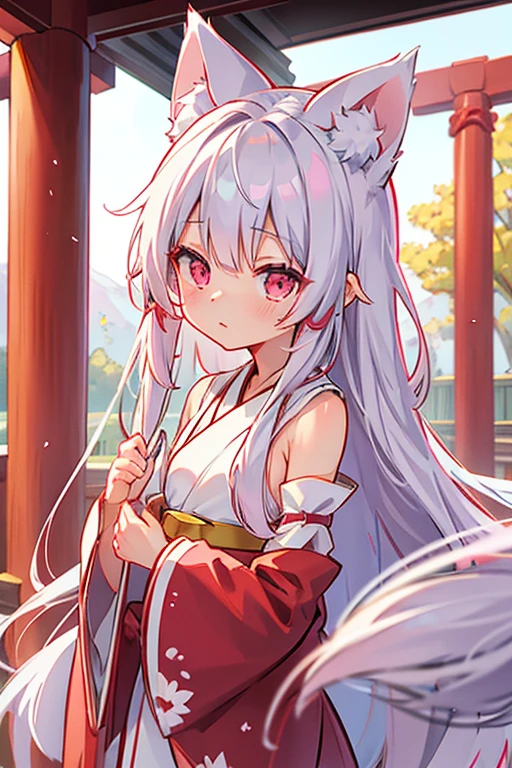 Shrine maiden、Animal ears、Silver Hair、Pink Eyes、Pink eyes、Small breasts、cute、1 person、Long Hair、Straight Hair