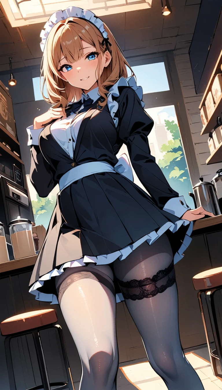 (high quality, 8k, 4K, High Contrast, masterpiece:1.2, 最high quality, Best aesthetics), , Maid, Very detailed, Seductive and erotic girl with lace headdress, smile, (Regular milk, Silver fur), Focus on the face, Focus on the face, Complex eyes, tights, laced tights, coffee shop, Ground angle shot, Viewers looking up, feet in tights, Open-chested clothing, rtrophto1
