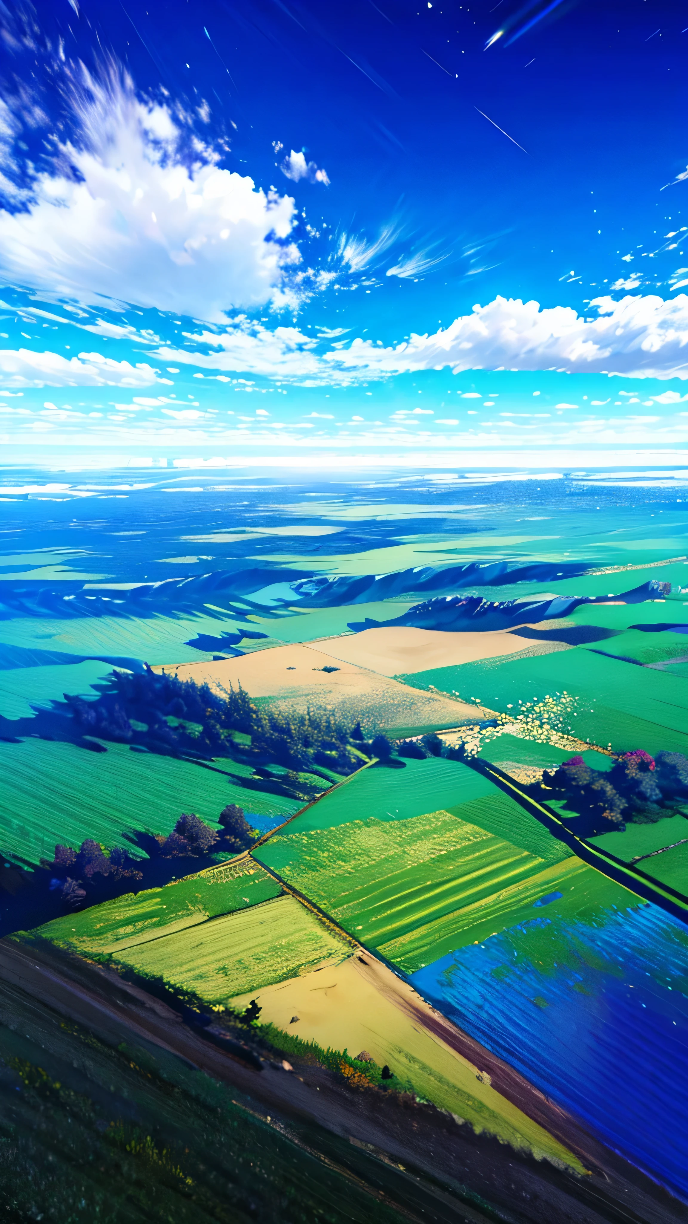 Turquoise sky、Cloudy、Top view、Grassland seen through the clouds,masterpiece,best quality,ultra detailed,high-resolution,8k portrait,unity 8k wallpaper,extremely detailed CG unity 8k wallpaper,mysterious,Fantasy