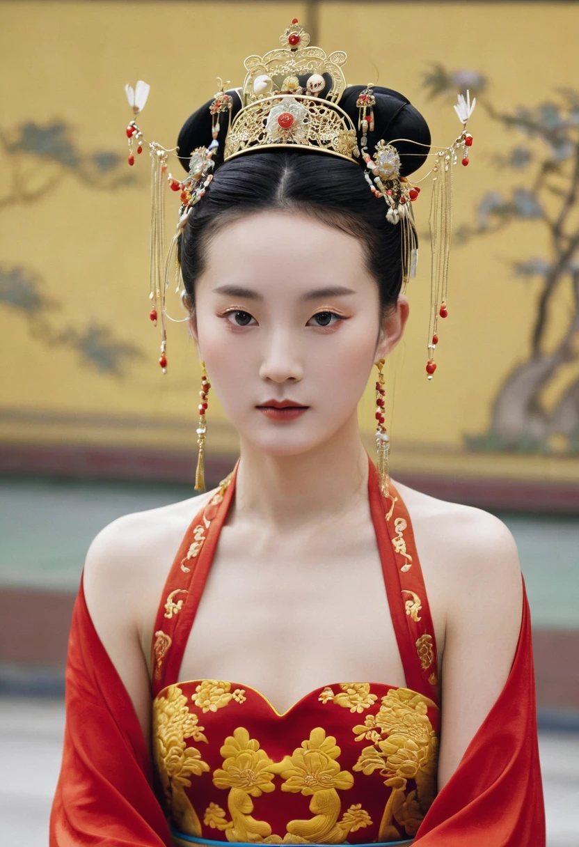 Loincloth seen from the front She is naked in the Chinese court of the Qing Dynasty, wearing a red loincloth with both hands open. The Qing Dynasty Empress The size of a Chinese empress. She wears a crown and has her hair tied up at the back.