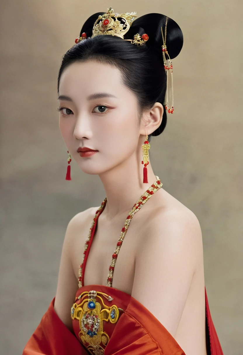 Loincloth seen from the front She is naked in the Chinese court of the Qing Dynasty, wearing a red loincloth with both hands open. The Qing Dynasty Empress The size of a Chinese empress. She wears a crown and has her hair tied up at the back.