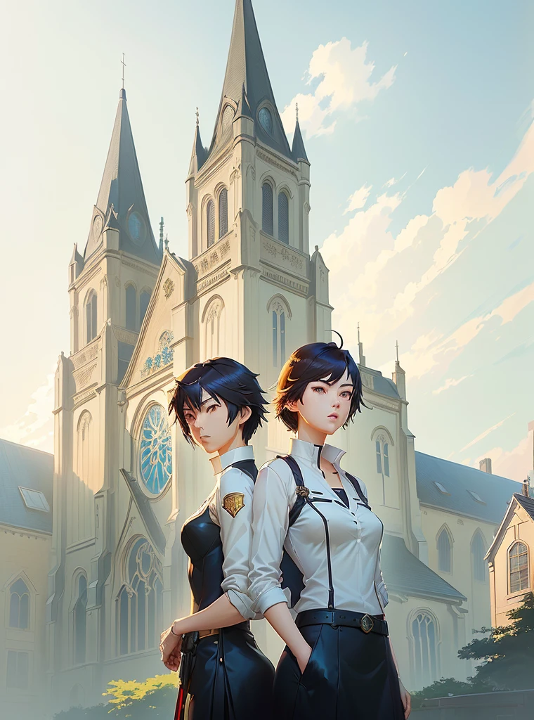 A man and a woman standing in front of the church, guweiz and Shinkai Makoto, ross tran and Shinkai Makoto, guweiz style artwork, in style of Shinkai Makoto, sakimichan and Shinkai Makoto, ( ( Shinkai Makoto ) ), author:Shinkai Makoto