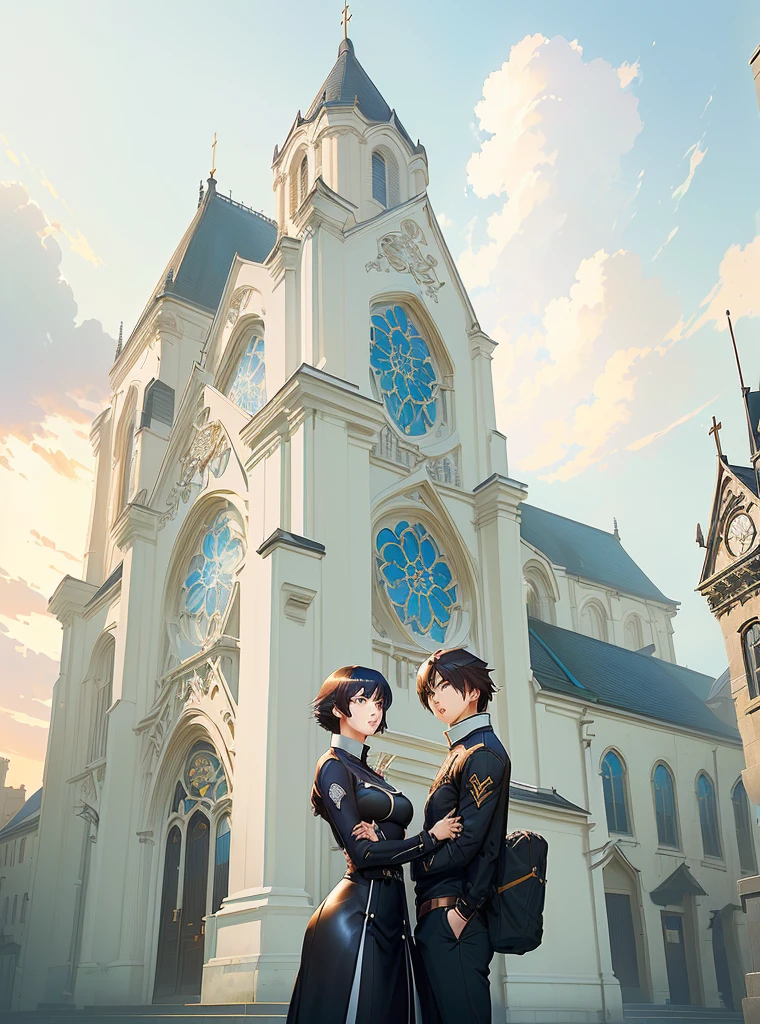 A man and a woman standing in front of the church, guweiz and Shinkai Makoto, ross tran and Shinkai Makoto, guweiz style artwork, in style of Shinkai Makoto, sakimichan and Shinkai Makoto, ( ( Shinkai Makoto ) ), author:Shinkai Makoto