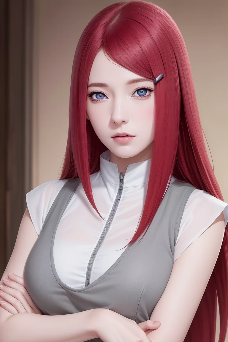 {-error_of_anatomy:1.0} Kushina, Kushina, wide, big breast, hair ornament, red hair, red head, hair clip, (grey eyes:1.5), ofsnuda, crossed arms, REST inside, BREAK (masterpiece:1.2), best quality, high resolution, unity 8k wallpaper, (illustration:0.8), (Beautiful ophthalmic eyes:1.6), extremely ophthalmic face, perfect lighting, Extremely detailed CG, (perfect hands, anatomy perfecta), NSFW