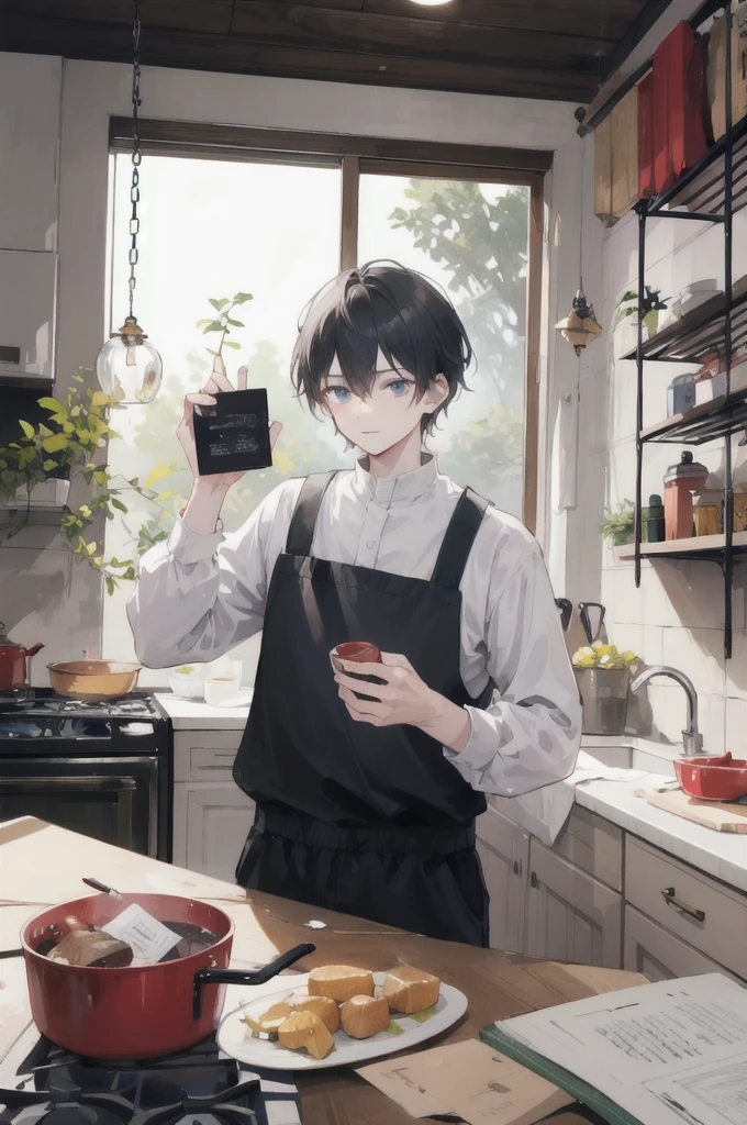 A man, in kitchen, having mobile in his hand and dailing to his mother 