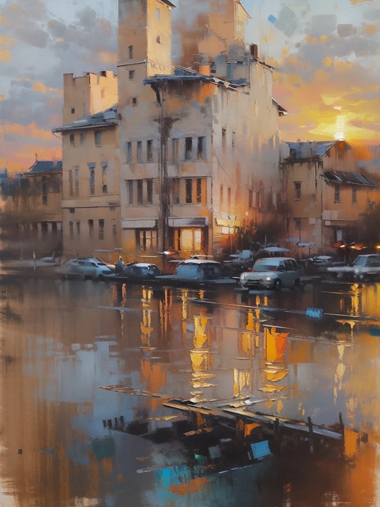 Cityscape Print , stree and old Colonial building, road lamp, cars, sunset, vicheals. Oil Painting