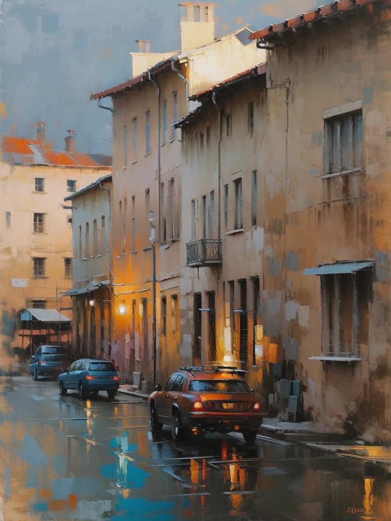 Cityscape  Print , stree and old Colonial building, road lamp, cars,  sunset, vicheals. Oil Painting