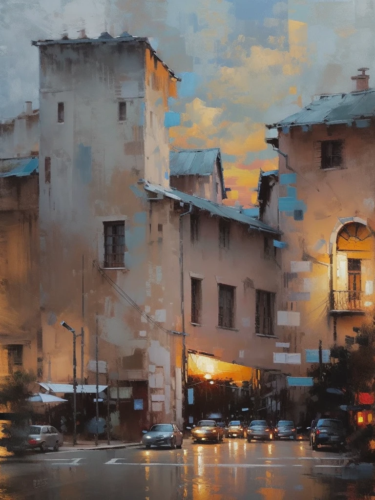 Cityscape Print , stree and old Colonial building, road lamp, cars, sunset, vicheals. Oil Painting