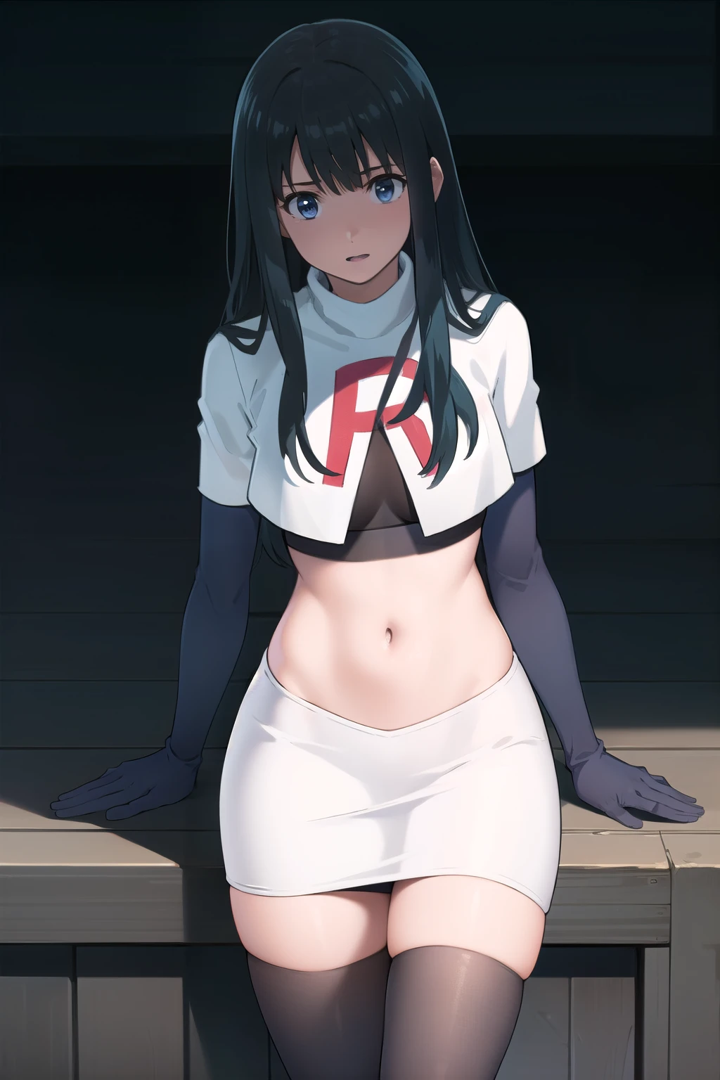 photorealistic, (4k), depth of field, (Masterpiece), (realistic skin texture), extremely detailed, intricate, hyper detailed, professional photography, bokeh, high resolution, sharp detail, best quality, girl, long hair, black hair, bangs, blue eyes, , team rocket,team rocket uniform,white skirt,red letter R,crop top,black thigh-highs,black elbow gloves