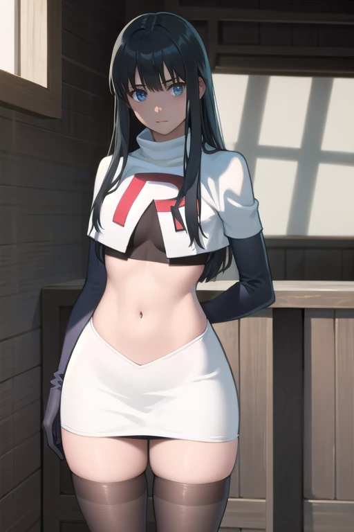 photorealistic, (4k), depth of field, (Masterpiece), (realistic skin texture), extremely detailed, intricate, hyper detailed, professional photography, bokeh, high resolution, sharp detail, best quality, girl, long hair, black hair, bangs, blue eyes, , team rocket,team rocket uniform,white skirt,red letter R,crop top,black thigh-highs,black elbow gloves