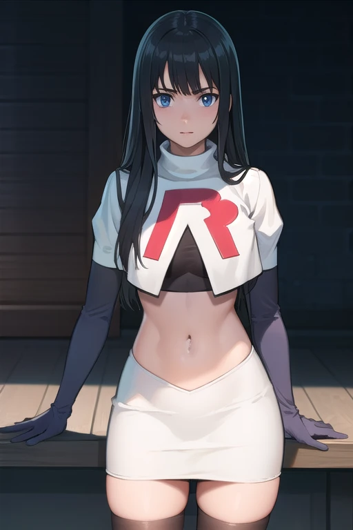 photorealistic, (4k), depth of field, (Masterpiece), (realistic skin texture), extremely detailed, intricate, hyper detailed, professional photography, bokeh, high resolution, sharp detail, best quality, girl, long hair, black hair, bangs, blue eyes, , team rocket,team rocket uniform,white skirt,red letter R,crop top,black thigh-highs,black elbow gloves