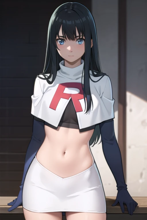 photorealistic, (4k), depth of field, (Masterpiece), (realistic skin texture), extremely detailed, intricate, hyper detailed, professional photography, bokeh, high resolution, sharp detail, best quality, girl, long hair, black hair, bangs, blue eyes, , team rocket,team rocket uniform,white skirt,red letter R,crop top,black thigh-highs,black elbow gloves