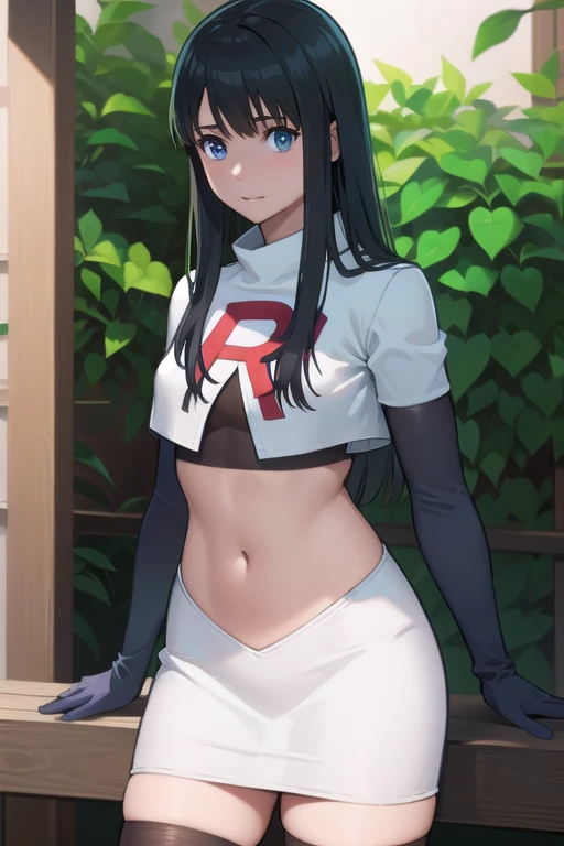 photorealistic, (4k), depth of field, (Masterpiece), (realistic skin texture), extremely detailed, intricate, hyper detailed, professional photography, bokeh, high resolution, sharp detail, best quality, girl, long hair, black hair, bangs, blue eyes, , team rocket,team rocket uniform,white skirt,red letter R,crop top,black thigh-highs,black elbow gloves