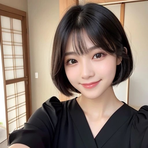 20-year-old women、Japanese、Beauty、smile、The eyes are double、Beautiful Skin、Glossy Lips、Black short hair、Selfie、blouse