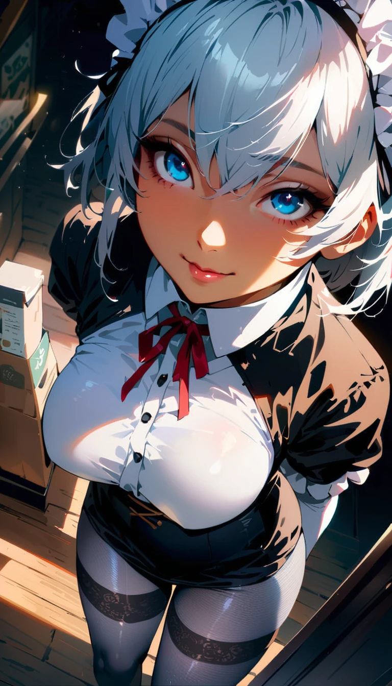 (high quality, 8k, 4K, High Contrast, masterpiece:1.2, 最high quality, Best aesthetics), , Maid, 非常にdetailed, Seductive and erotic girl with lace headdress, smile, (Regular milk, Silver fur), Focus on the face, Focus on the face, Complex eyes, tights, laced tights, coffee shop, Ground angle shot, Viewers looking up, feet in tights, Open-chested clothing(最high quality、masterpiece、High resolution、detailed), (Realistic skin texture:1.3), (detailedな目、Beautiful Face),
