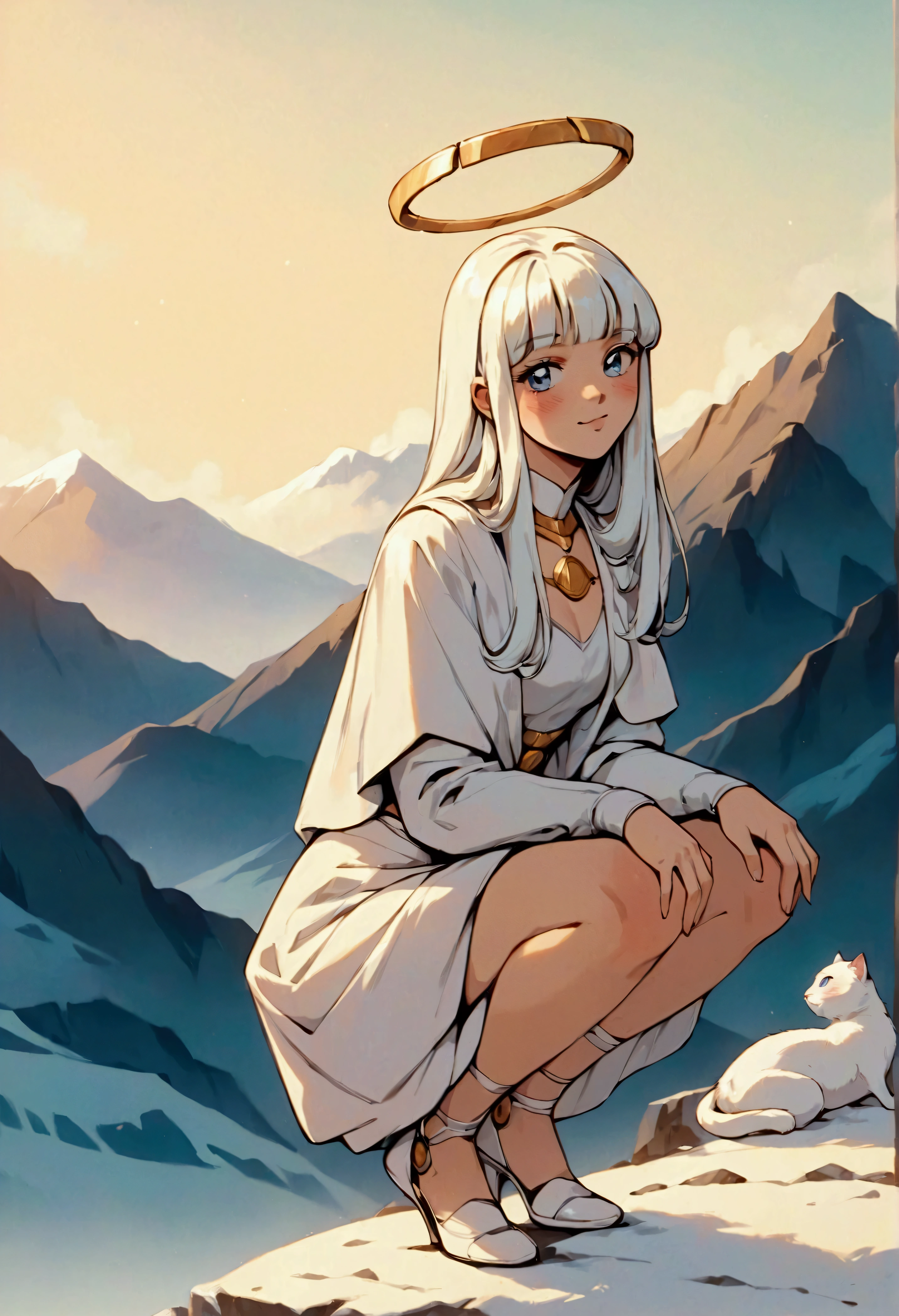 (score_9, score_8_up, score_7_up), zPDXL, 1 girl, alone, looking at viewer, crouching, hands on knees, white cat, mountain background, white hair, blue eyes, full body, long hair, white dress, bright white hair, white halo of light, halo, metallic pendant, blushing cheeks, white cat, mountain with a bit of snow, beautiful girl crouching with a halo of light, retro style, white cape, blunt bangs, white aura,