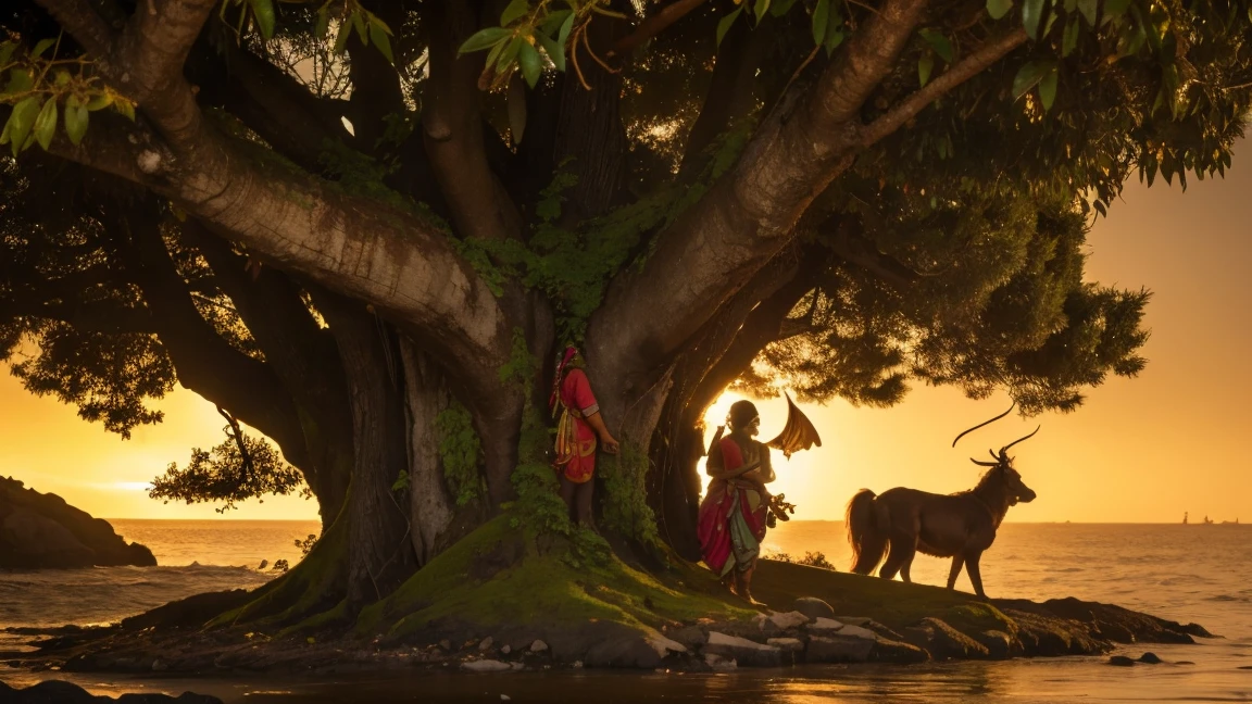 "The two demons fly the tree to the island of gold, with Sushila also flying along, hidden in the tree roots."