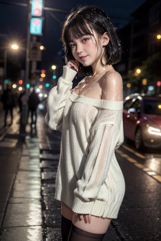 high quality, detailed,a girl with white water drops on her face.she is taking a shower,lots of white water droplets.(at night:2.0),green eyes.she is  japanese bitch gal,standing prostitute,she has a mole under her eye,(smallest breasts),(wearing long sleeve  oversized sweater dress,offshoulder,very very wet thin fabric sweater,),blunt bangs,((bob hair,very wet hair and wet face,shiny face)),((wearing overknee socks)),slender,face up,nipples,temptation,orgasm,(huge smile),
,(waiting for someone)(she has a small bag in her hand)


(Downtown at night、Big city、A street corner in the red light district at night、crowd street、lots of passersby、)(Angle from the side)