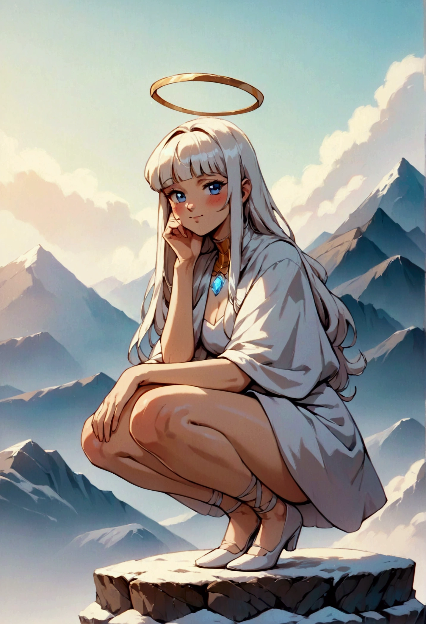 (score_9, score_8_up, score_7_up), zPDXL, 1 girl, alone, looking at viewer, crouching, hands on knees, white cat, mountain background, white hair, blue eyes, full body, long hair, white dress, bright white hair, white halo of light, halo, metallic pendant, blushing cheeks, white cat, mountain with a bit of snow, beautiful girl crouching with a halo of light, retro style, white cape, blunt bangs, white aura,