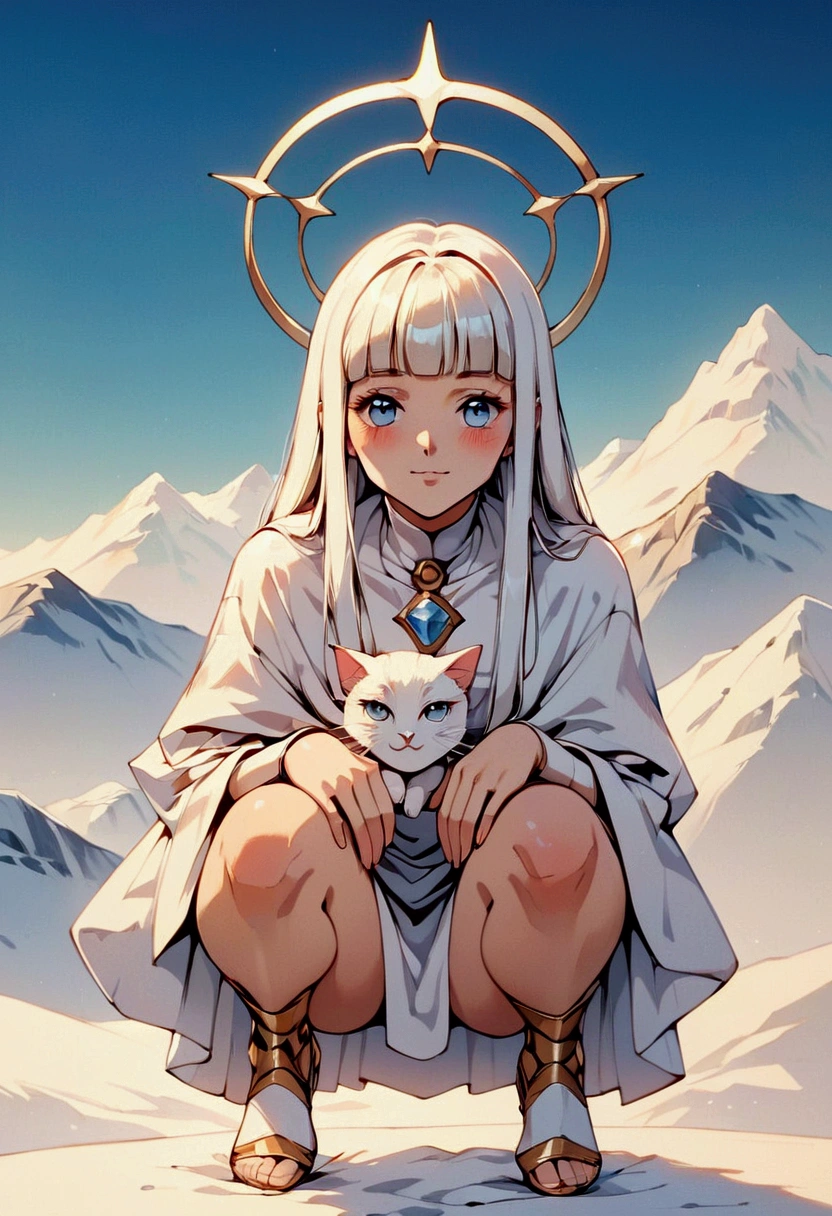 (score_9, score_8_up, score_7_up), zPDXL, 1 girl, alone, looking at viewer, crouching, hands on knees, white cat, mountain background, white hair, blue eyes, full body, long hair, white dress, bright white hair, white halo of light, halo, metallic pendant, blushing cheeks, white cat, mountain with a bit of snow, beautiful girl crouching with a halo of light, retro style, white cape, blunt bangs, white aura,