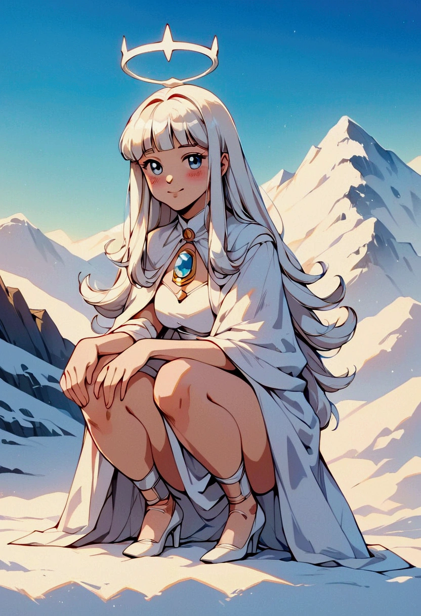 (score_9, score_8_up, score_7_up), zPDXL, 1 girl, alone, looking at viewer, crouching, hands on knees, white cat, mountain background, white hair, blue eyes, full body, long hair, white dress, bright white hair, white halo of light, halo, metallic pendant, blushing cheeks, white cat, mountain with a bit of snow, beautiful girl crouching with a halo of light, retro style, white cape, blunt bangs, white aura,