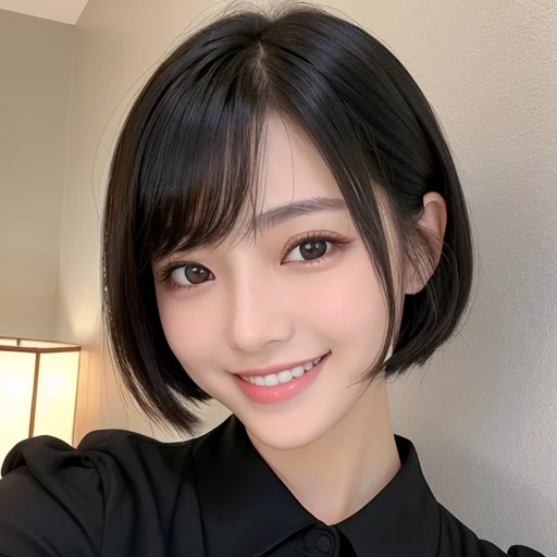 20-year-old women、Japanese、Beauty、smile、The eyes are double、Beautiful Skin、Glossy Lips、Black short hair、Selfie、blouse