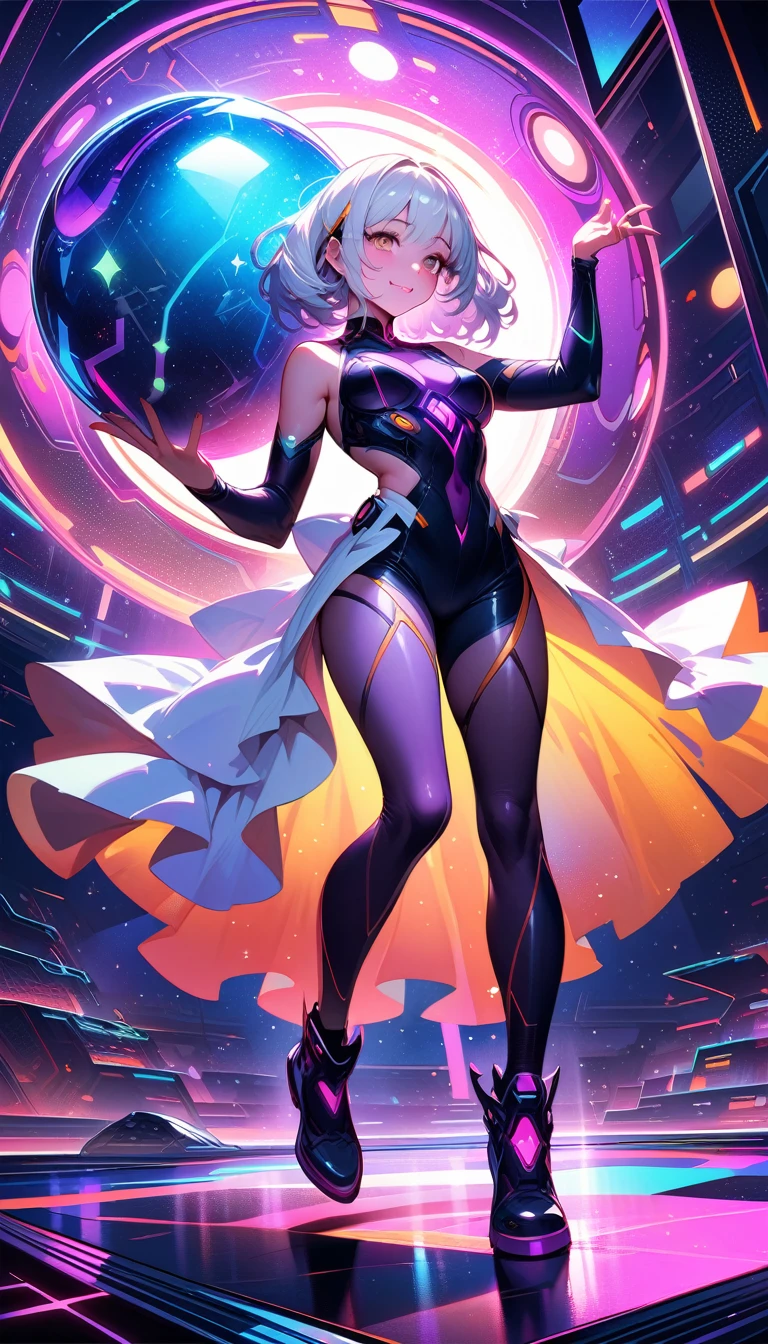 ((best quality)) , ((masterpiece)) , (detailed),A full body illustration of an American female character in the style of Hearthstone card art, dancing on a disco dancefloor with a big glittering mirror ball overhead. She wears purple and gold and has white hair. Her hands are up as if to talk to someone, with a happy expression. The background is colorful with vibrant colors and high contrast. It is a low angle shot with a wide lens. ,sci-fi style. futuristic, technological, alien worlds, space themes, advanced civilizations,(((realistic)))