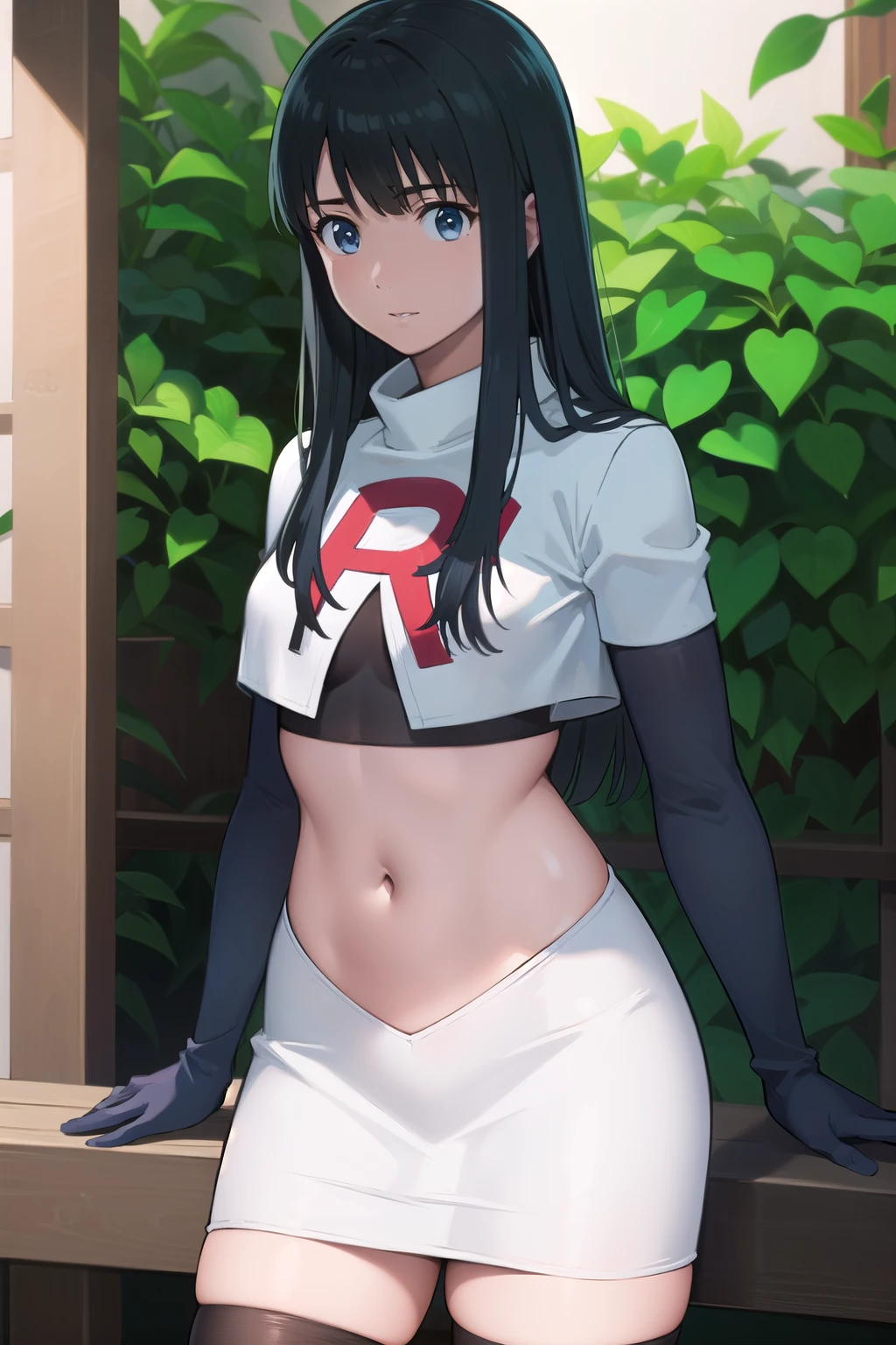 photorealistic, (4k), depth of field, (Masterpiece), (realistic skin texture), extremely detailed, intricate, hyper detailed, professional photography, bokeh, high resolution, sharp detail, best quality, girl, long hair, black hair, bangs, blue eyes, , team rocket,team rocket uniform,white skirt,red letter R,crop top,black thigh-highs,black elbow gloves