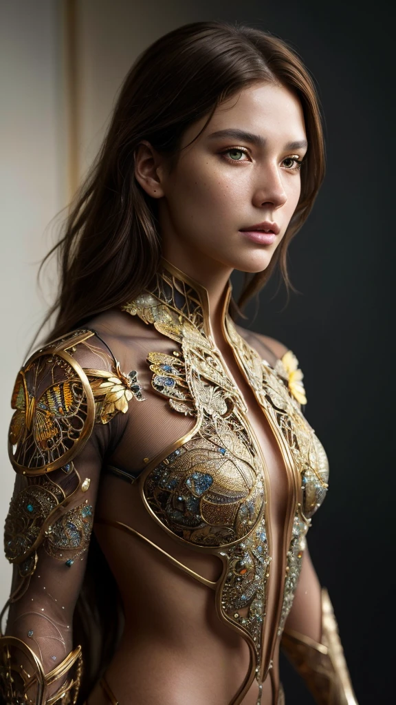 photo, 8k portrait of beautiful cyborg with brown hair, intricate, elegant, highly detailed, majestic, digital photography, art by artgerm and ruan jia and greg rutkowski surreal painting gold butterfly filigree, broken glass, (masterpiece, side lighting, finely detailed beautiful eyes: 1.2), hdr, realistic, high definition