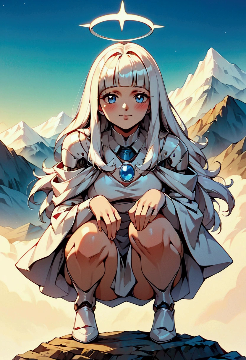 (score_9, score_8_up, score_7_up), zPDXL, 1 girl, alone, looking at viewer, crouching, hands on knees, white cat, mountain background, white hair, blue eyes, full body, long hair, white dress, bright white hair, white halo of light, halo, metallic pendant, blushing cheeks, white cat, mountain with a bit of snow, beautiful girl crouching with a halo of light, retro style, white cape, blunt bangs, white aura,