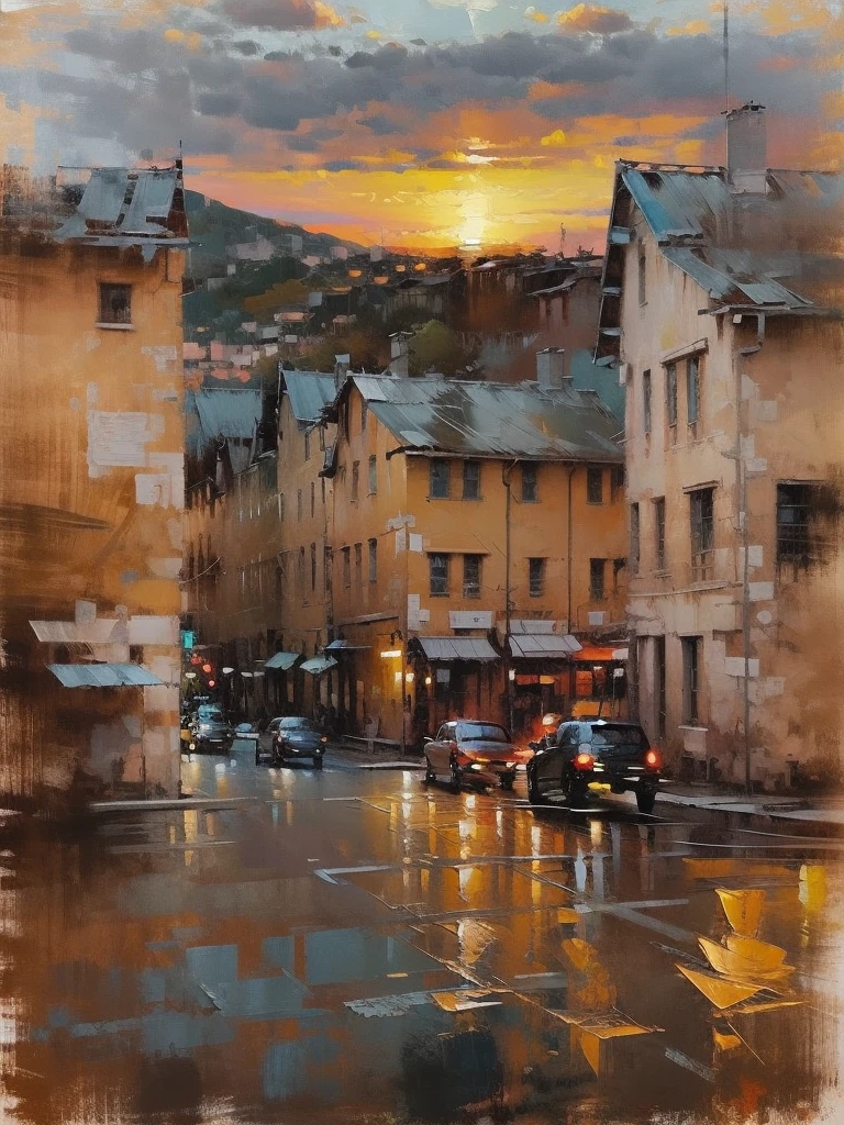 Cityscape Print , stree and old Colonial building, road lamp, cars, sunset, vicheals. Oil Painting