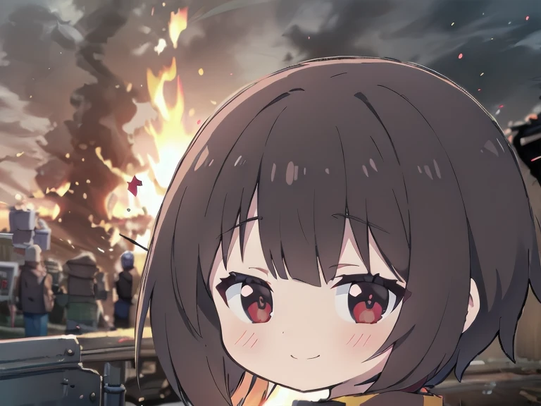 ((masterpiece)), (best quality, highres), 1girl, from behind, looking at viewer, explosion, IncrsDisasterGirlMeme, fire, smile, outdoors, Megumin, (chibi style)