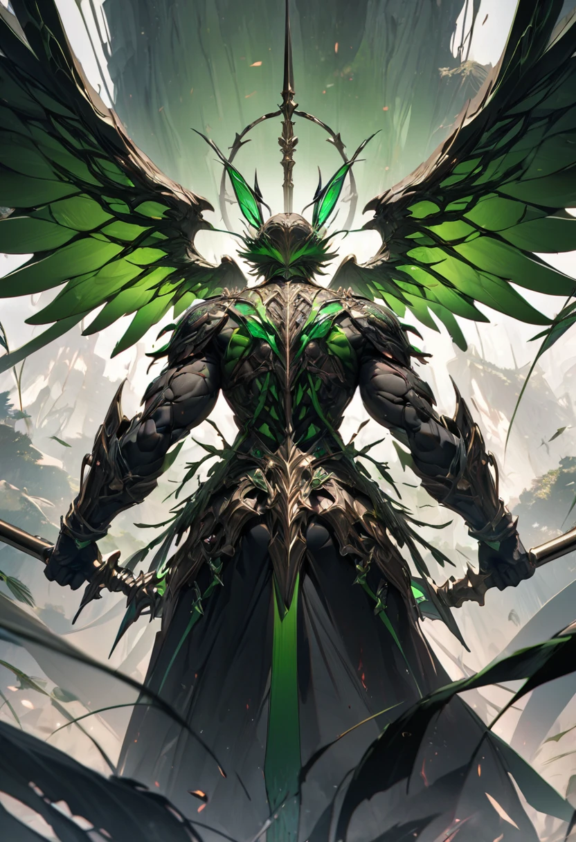 masterpiece, 8k, best quality, highly detailed, a human male warrior with massive wings on his back that resembles a dragonfly's, wielding a green barbed spear with both hands