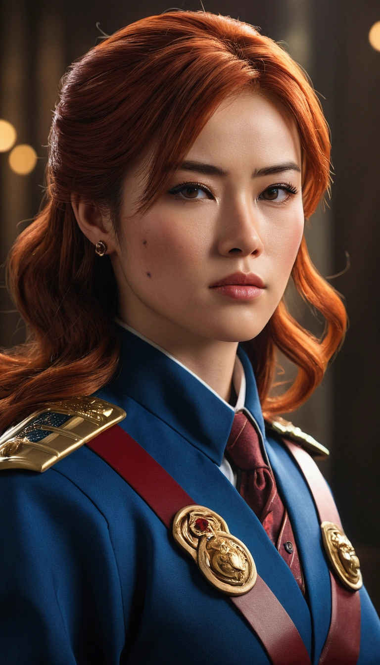 (best qualityer,4K,8k,Cao Cao,master part:1.2),ultra detali,(Realistic,photorrealistic,photo-realistic:1.37),Barbara Gordon, Young woman aged 19 l, beautiful red hair, vestindo uniforme policial,piercing brown eyes, Supreme Beauty, Gotham City Setting, strong and confident posture, Determined expression,vivid colors,sharp focus,detailed painting,professional lighting,Estilo Retrato, dramatic lighting,bokeh