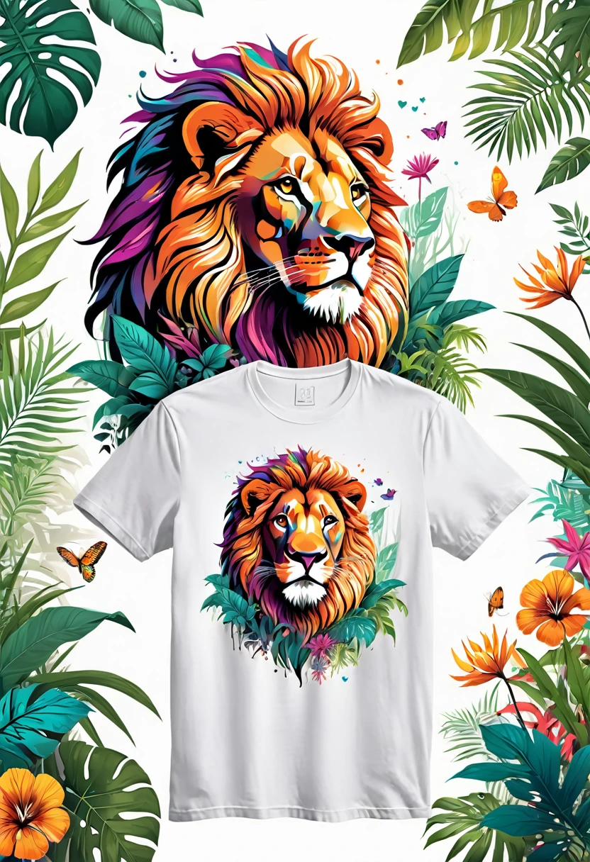 colorful t-shirt design of a lion in a fantasy jungle, White background,