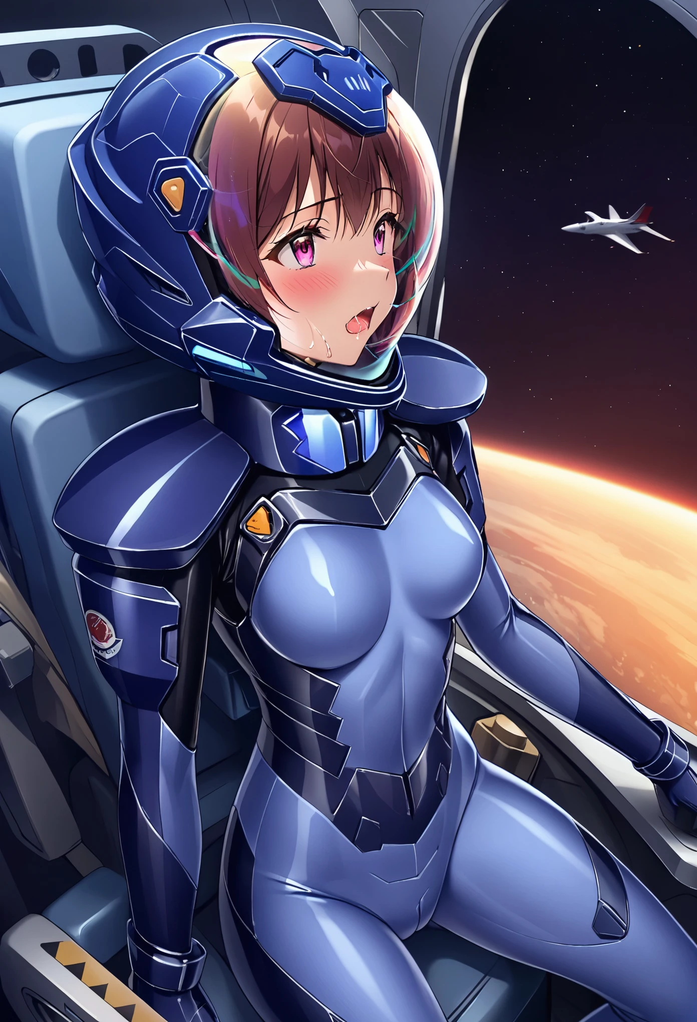 ((Female pilot in the cockpit of a reconnaissance plane), (airplane cockpit), (in flight), (10000 feet altitude)、(sky view):1.7),, short hair, street, emo, , white eyes, eyeliner, apocalypse, girl, nside the (cockpit:1.9) of a (futuristic spaceship:1.6), , blush,sitting on a chair, covered navel, space helmet, muvluv, space helm, plug suit , space helmet, eva helm, space suit, short hair, , blue bodysuit, visor helmet, ahegao, rolling eyes,saliva, (full body:1.6)
misato katsuragi,(from side:1.2),,