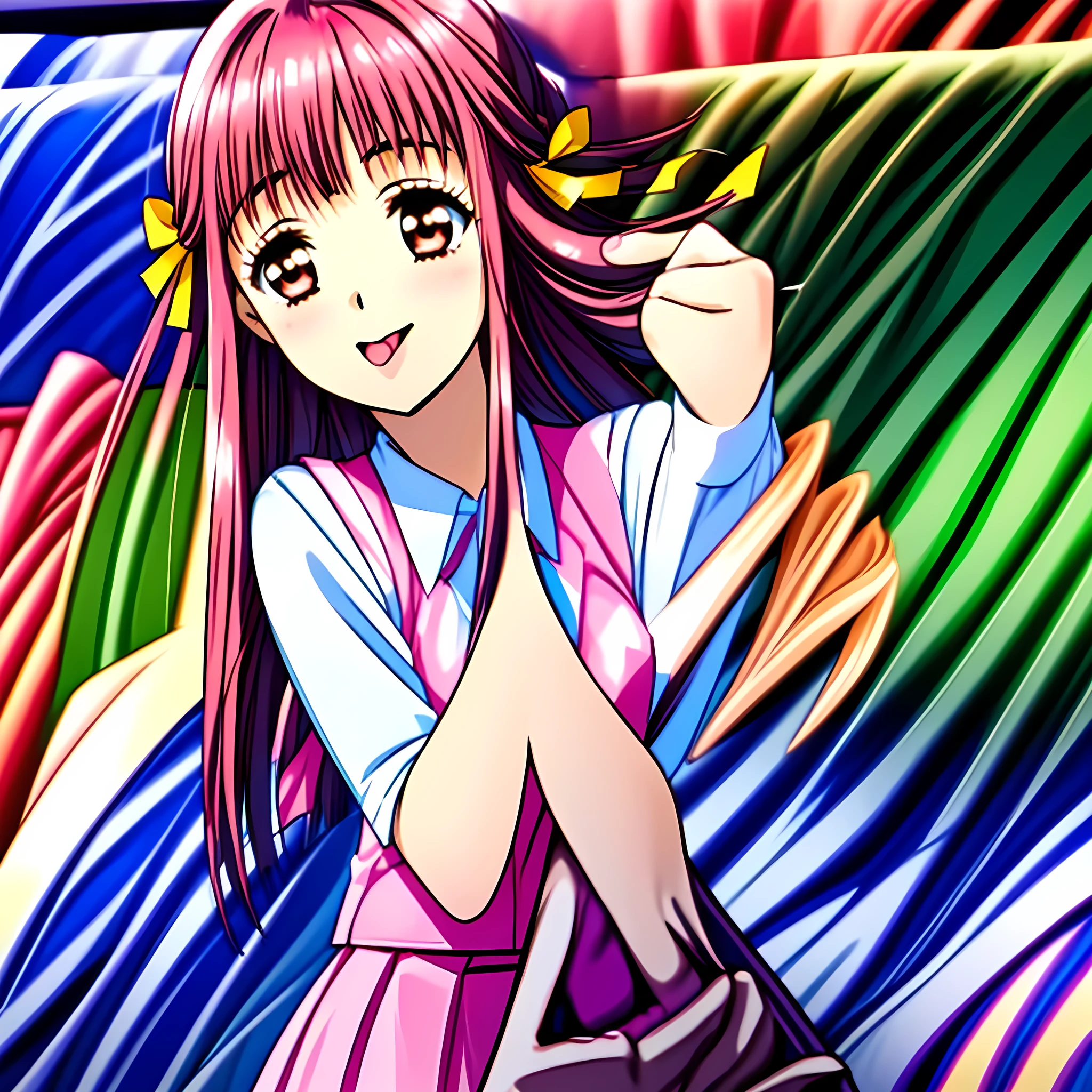 (highest quality, masterpiece:1.2), highest quality, High resolution, 1080P, 8k, (Very beautiful and delicately drawn high-resolution anime CG: 1.5), (Four girls around the bed: 1.8), (Four beautiful yo girl anime heroine, A very neat, very noble, pretty, pure girls are surrounding a pink bed and eating a transparent person on a pink bed at a time as succubus: 1.4), (sharp thin lines: 1.2), Glossy lips, Evenly cut curled bangs, (beautiful blue eyes with detailed: 1.3), (Very beautiful and very super-long flowing pink long hair: 1.2), (Noble pink gorgeous school vest uniform, pink gorgeous pleated noble skirt, white neat blouse: 1.8), (Yellow cute school ribbon on her chest), (Yellow hair ribbon clip: 1.0), (Giggling: 1.0), (Mouth is laughing and wide open as a game heroine: 1.0), (A beautiful body like a model), (Walking with a brown leather school bag, turning around), (long cute eyelashes: 1.4), ((thin droopy eyebrows: 1.4)), (giggling and giving her extreme happiness with her mouth widely open!: 1.6), (licking with her very long tongue: 1.6), (laughing shy cheeks and lips, as if watching a comedy: 1.5), ((Very super long wavy hair is too much beautiful: 1.0)), (Tilting her head shyly: 1.2), (Too beautiful women to stop falling into her, 1.6), (She is in fact succubi and calling me with strong religious temptation, drops me into craziness: 1.2)