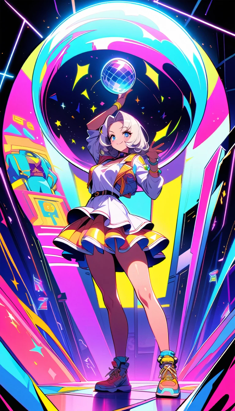 ((best quality)) , ((masterpiece)) , (detailed)，A full body illustration of an American female character in the style of Hearthstone card art, dancing on a disco dancefloor with a big glittering mirror ball overhead. She wears purple and gold  and has white hair. Her hands are up as if to talk to someone, with a happy expression. The background is colorful with vibrant colors and high contrast. It is a low angle shot with a wide lens. ，vaporwave style. retro aesthetic, cyberpunk, vibrant, neon colors, vintage 80s and 90s style, highly detailed