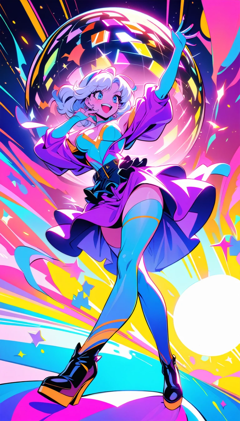 ((best quality)) , ((masterpiece)) , (detailed)，A full body illustration of an American female character in the style of Hearthstone card art, dancing on a disco dancefloor with a big glittering mirror ball overhead. She wears purple and gold  and has white hair. Her hands are up as if to talk to someone, with a happy expression. The background is colorful with vibrant colors and high contrast. It is a low angle shot with a wide lens. ，vaporwave style. retro aesthetic, cyberpunk, vibrant, neon colors, vintage 80s and 90s style, highly detailed