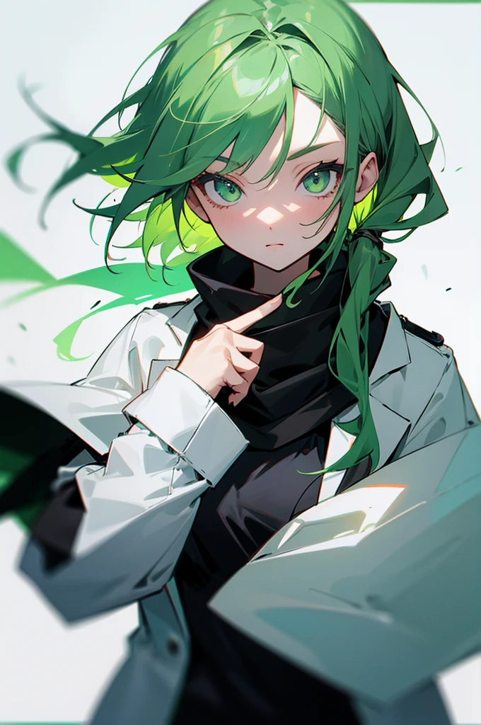 1 girl, green hair, green eyes, black scarf, white jacket, black t-shirt
