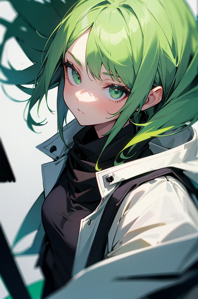 1 girl, green hair, green eyes, black scarf, white jacket, black t-shirt