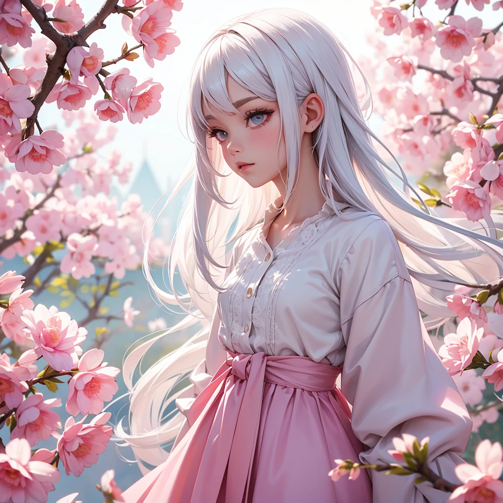 foreground, alone, beautiful girl with White hair and pink locks, dressed In a spring clothes 