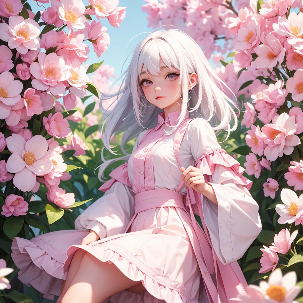 foreground, alone, beautiful girl with White hair and pink locks, dressed In a spring clothes