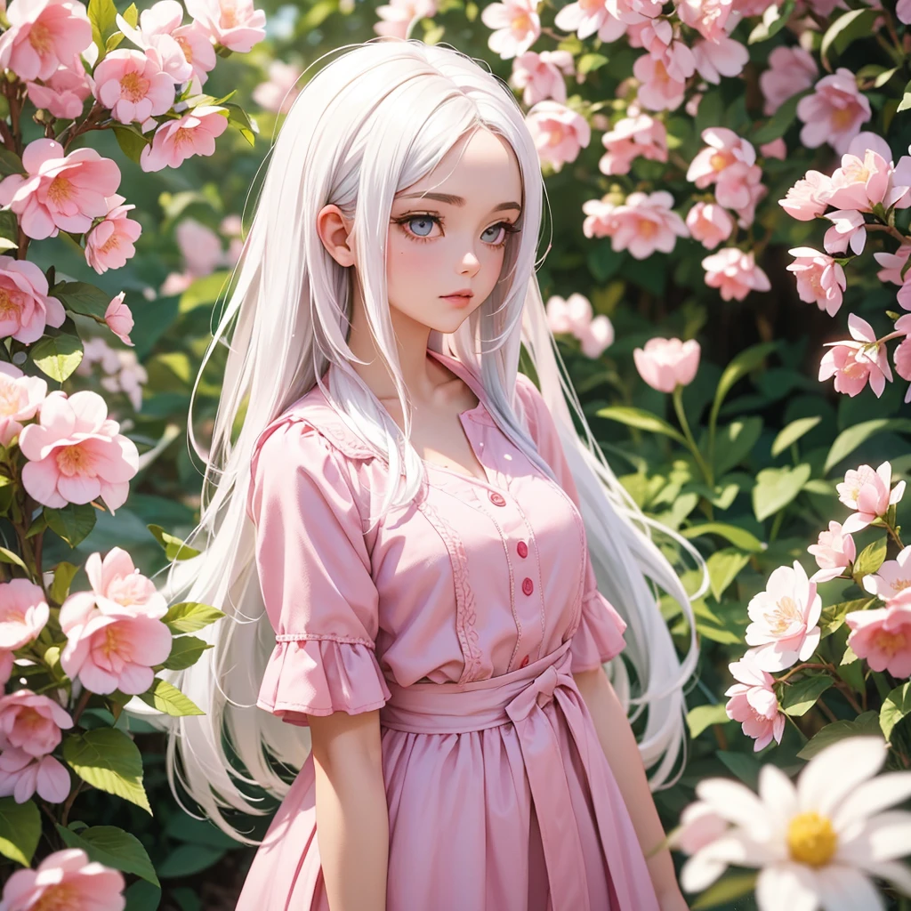 foreground, alone, beautiful girl with White hair and pink locks, dressed In a spring clothes 