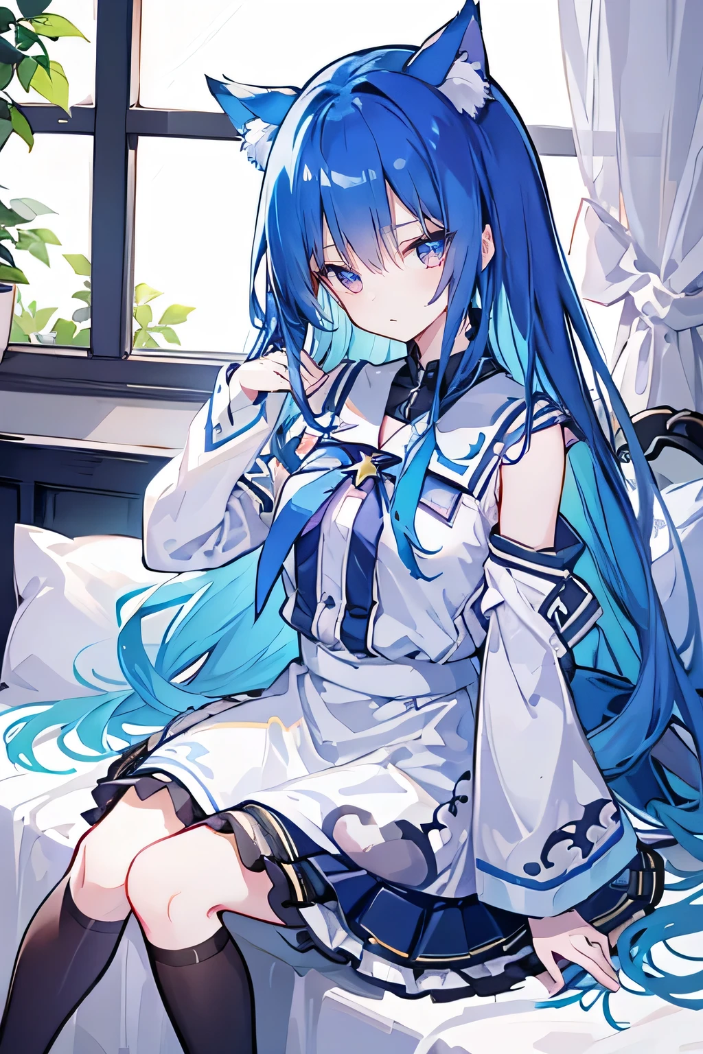 (masterpiece:1.2),Super detailed,lifelike,Expressive eyes,fair skin,perfect face shape,1 girl,
Japanese comics,Gorgeous blue hair,flowing blue hair,flowing clothes,Cat ears,Petals fall,beautiful lola,Baby Angel,
Broken hair curtain,A faint smile,Black and white sailor school uniform,cropped shoulder,Super good figure,Color hairpin,Put your hands on your chest,Raise your head slightly,Short skirt,Black stockings,sitting on window sill drinking coffee and looking out the window。
