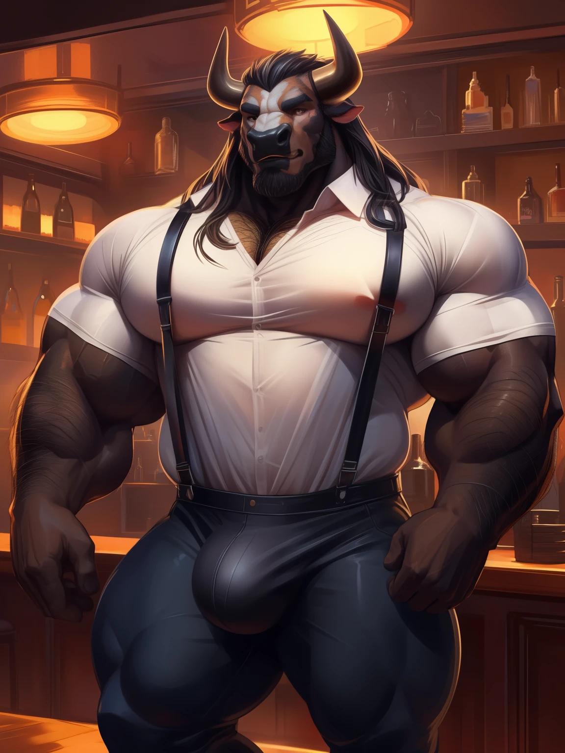 indong, lucusold, lanxus, a man with a muscle, (black skinned anthro bull:1.3), furry bull wearing ((super tight white silk shirt with leather suspenders:1.2)), ((white mid long hair, white beard):1.2), bull horns, daddy, testosterone, bulge, bar, bartender, ((muscular, hefty pecs, hairy torso,):1.3), confident, bearded , thicc, lowres, giant and muscular, danbooru and artstation, heavy detailed, insanely inflated hips, proportionally arms, commission for high res, detailed but rough, semirealistic:1.3