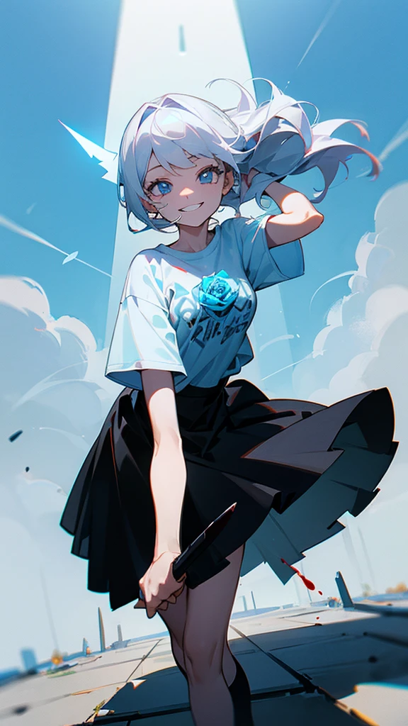 A girl smiling like a psychopath. She has light blue eyes. She is holding a rose.
 The blood is on the knife. She wears light blue T-shirt and black skirt . She is standing on a tomb.Her hair are  white. Some blood is on her T-shirt. The sky is light blue. There is a devil in her shadow. 