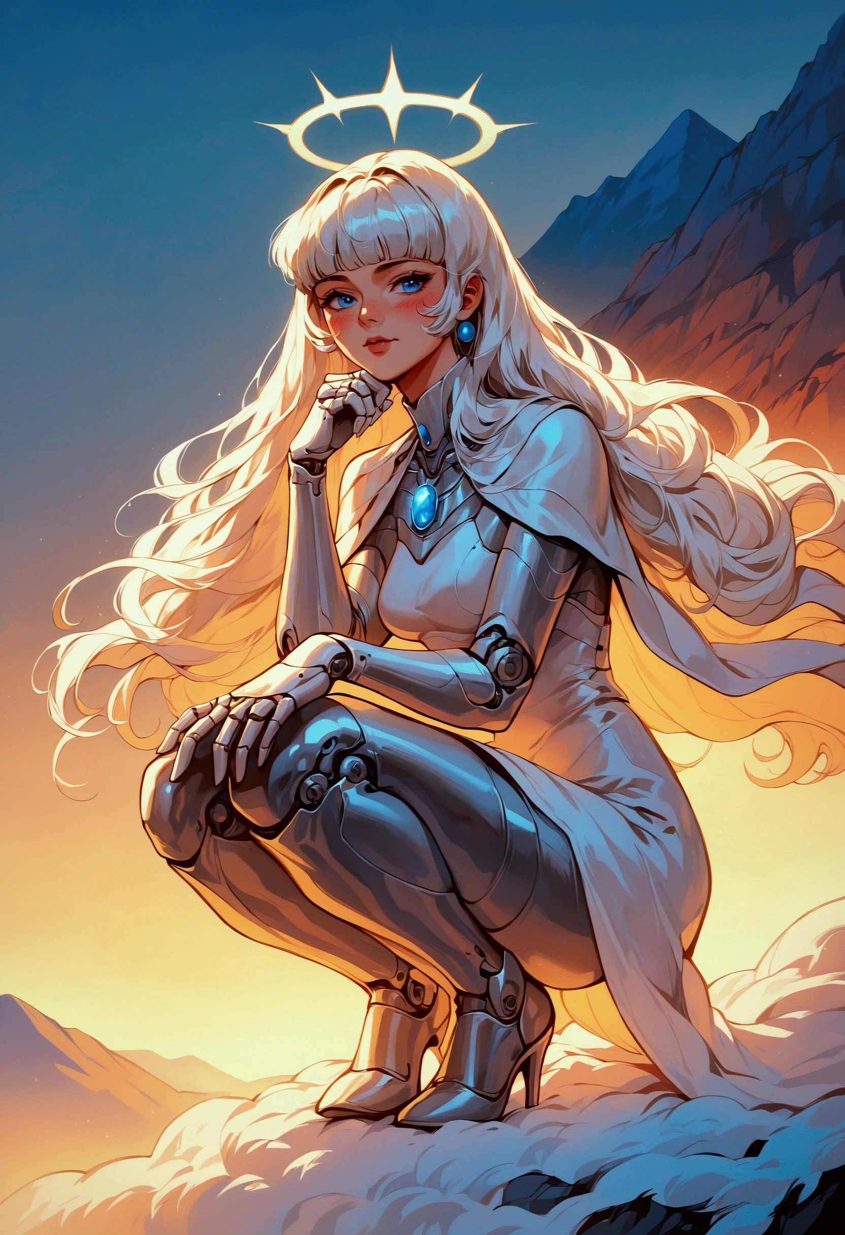 (score_9, score_8_up, score_7_up), zPDXL, 1 girl, alone, looking at viewer, crouching, hands on knees, white cat, mountain background, white hair, blue eyes, full body, long hair, white dress, bright white hair, white halo of light, halo, metallic pendant, blushing cheeks, white cat, mountain with a bit of snow, beautiful girl crouching with a halo of light, retro style, white cape, blunt bangs, white aura,