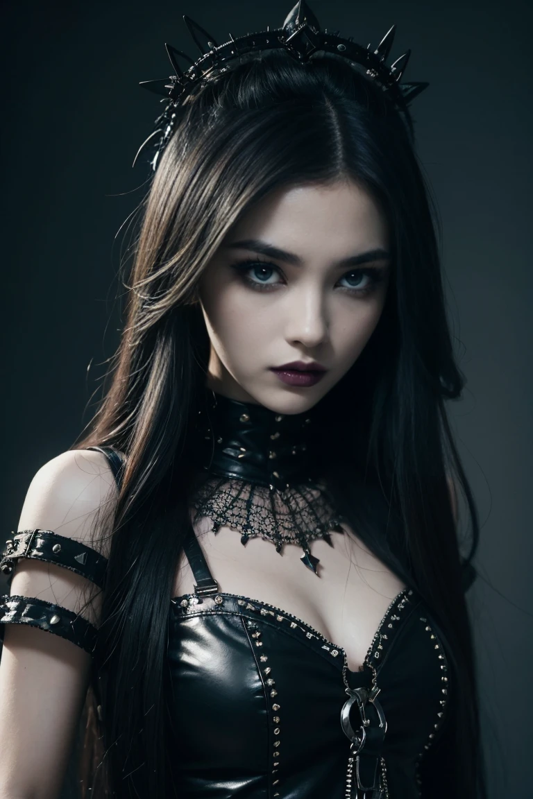 A true portrayal of a Goth girl, Wearing studded clothing. She wore striking black eye makeup, Emphasize the depth and intensity of her gaze. Her outfits, A fusion of elegance and avant-garde, Made of lace and leather, Metal rivet embellishment,Add a touch of rebellion. her hair, Maybe contrast or dyed dark, Outline a face full of mystery and charm. background, dim, Complementing the Gothic Aesthetic, Making her a modern embodiment of Gothic beauty,