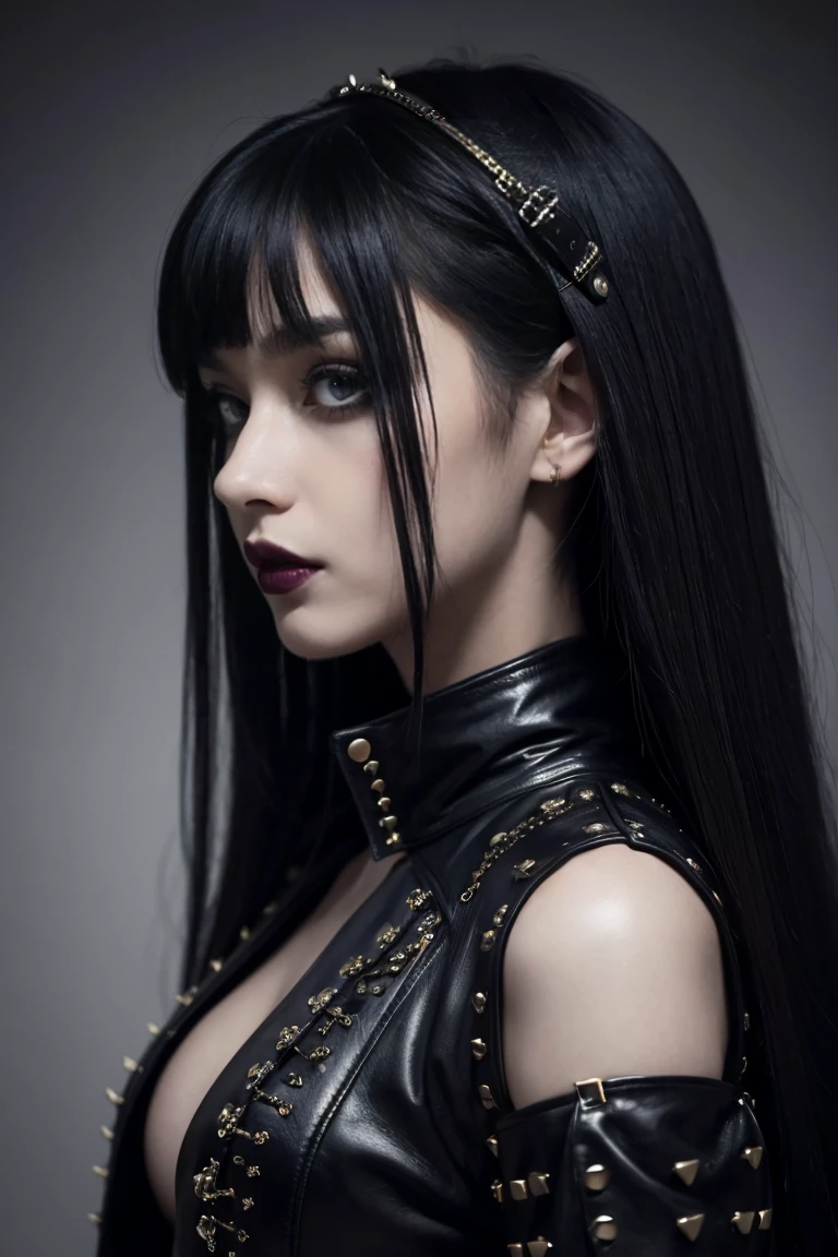 A true portrayal of a Goth girl, Wearing studded clothing. She wore striking black eye makeup, Emphasize the depth and intensity of her gaze. Her outfits, A fusion of elegance and avant-garde, Made of lace and leather, Metal rivet embellishment，Add a touch of rebellion. her hair, Maybe contrast or dyed dark, Outline a face full of mystery and charm. background, dim, Complementing the Gothic Aesthetic, Making her a modern embodiment of Gothic beauty,